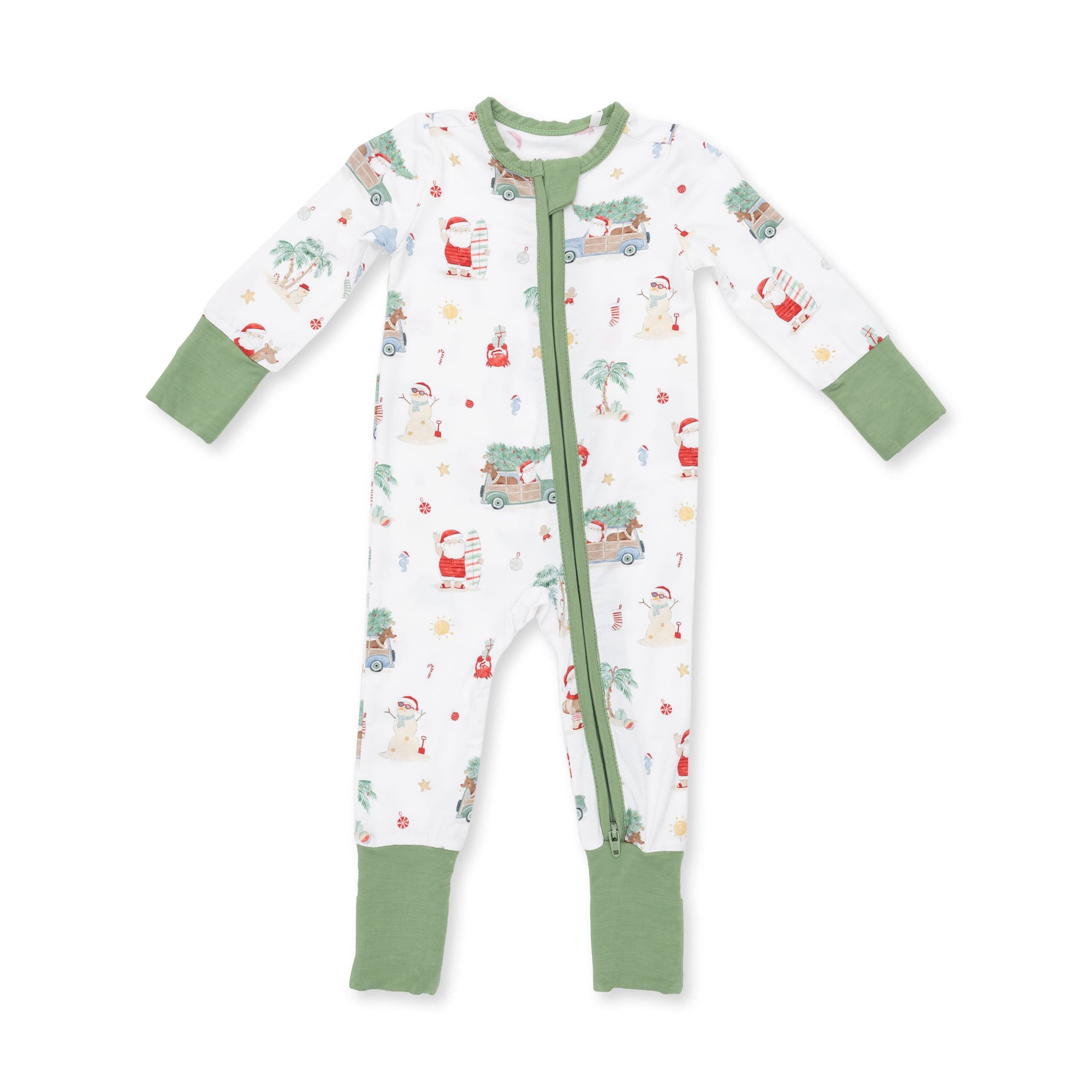 Baby convertible romper with beach Christmas print, two-way zipper front and fold-over foot cuffs