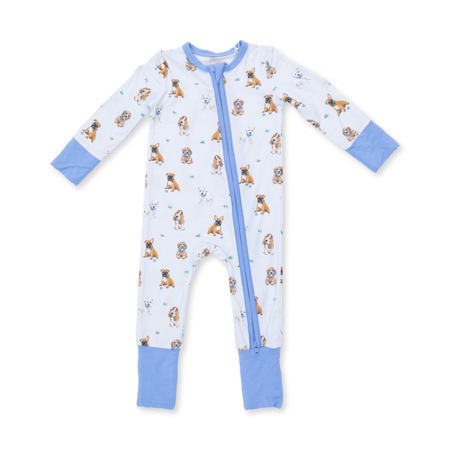 Convertible romper in blue with an all-over print of friendly dogs, featuring a full-length zipper and covered feet.