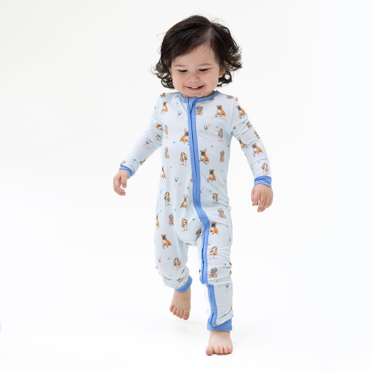 Convertible baby romper with zipper in blue Bestie Dogs print