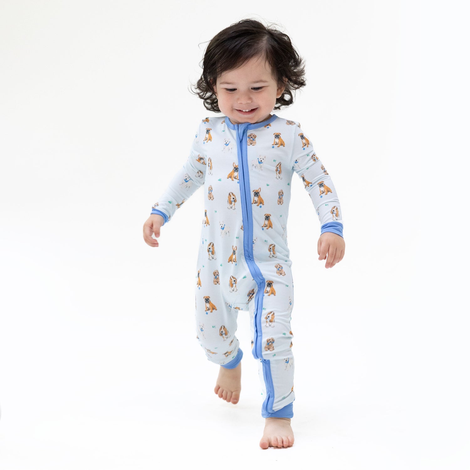 Convertible baby romper with zipper in blue Bestie Dogs print