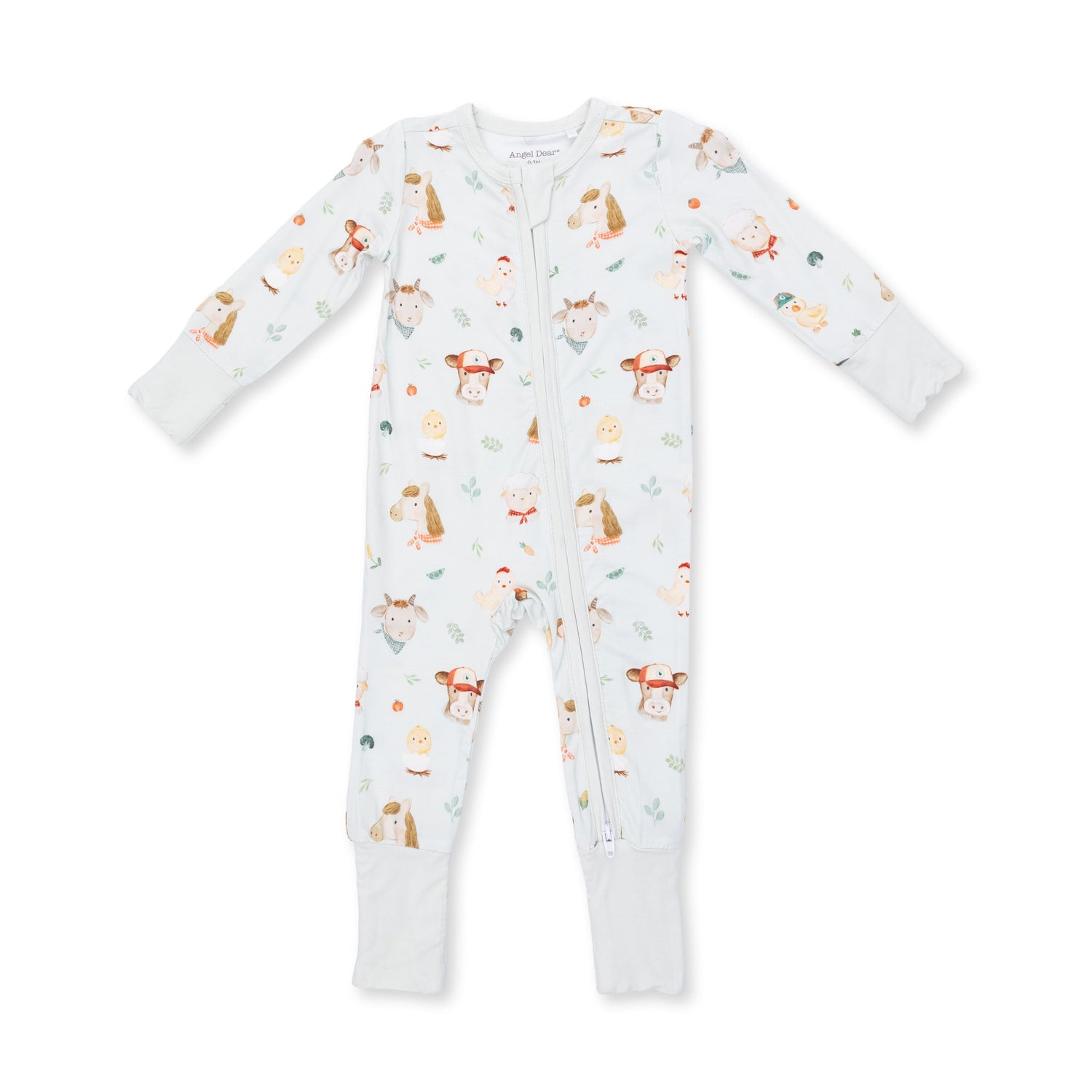 Convertible baby romper printed with cartoon farm animal faces, featuring a full-length zipper and covered feet