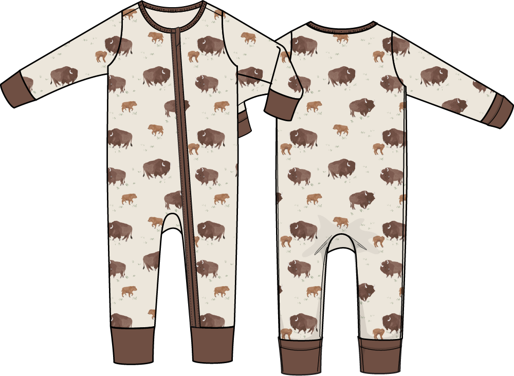 Baby romper printed with standing buffalo, with a two-way zipper and covered feet