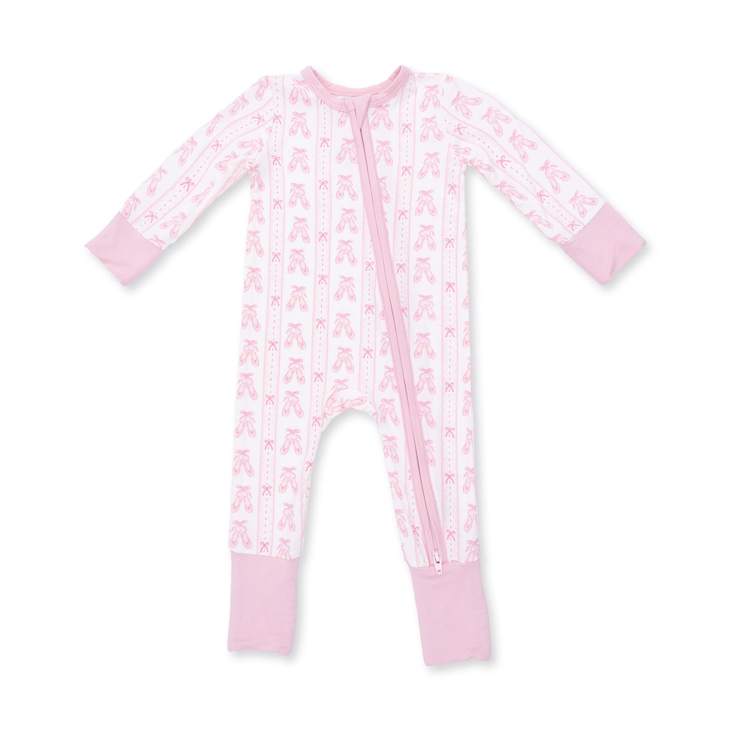 Convertible romper in a pink and cream ribbon stripe print with foot grippers and a two-way zipper.