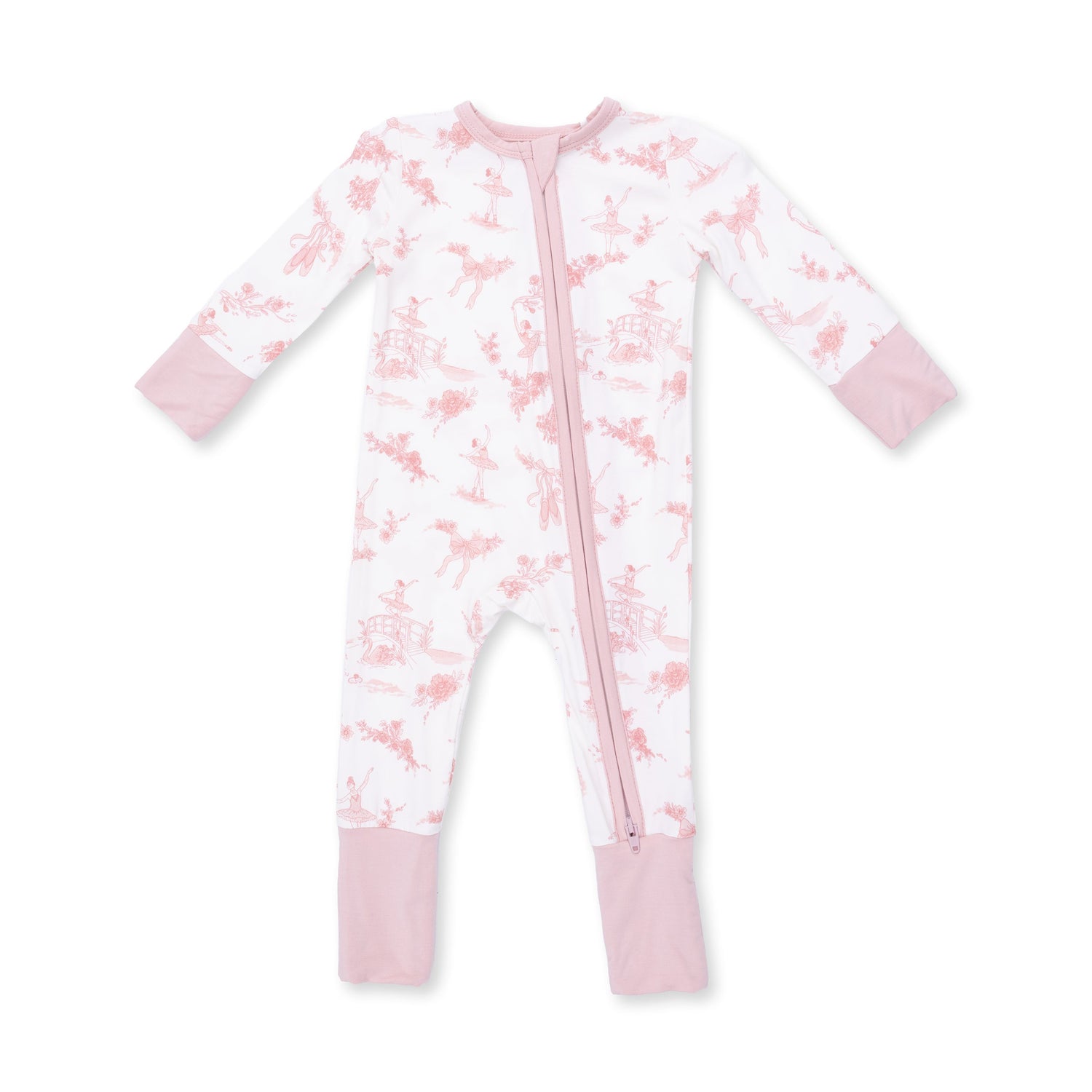 Convertible romper in a Ballet Toile print with fold-over foot cuffs and a two-way front zipper