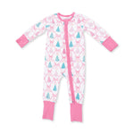 Baby convertible romper with long sleeves, a full-length front zipper and a bow trellis tree print