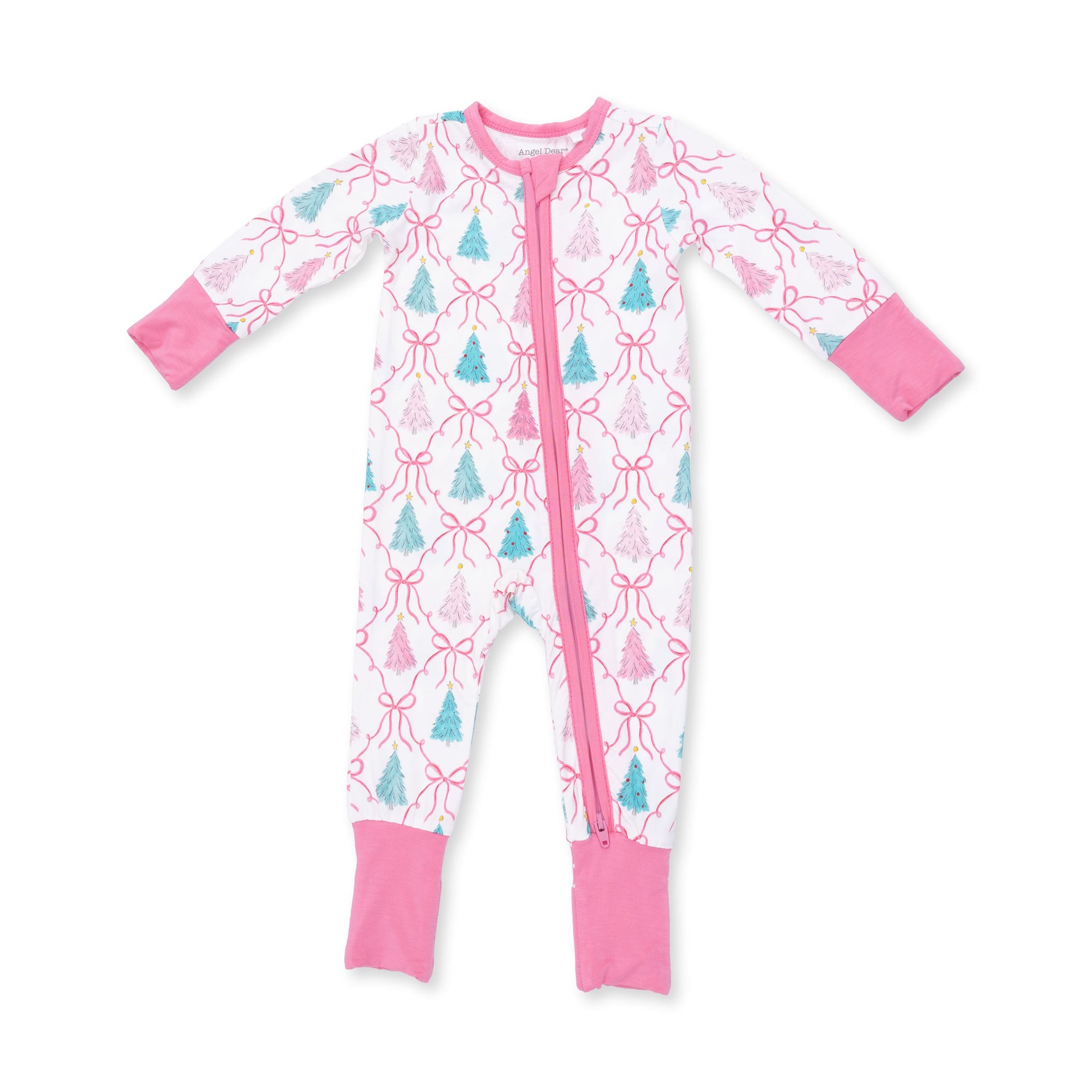 Baby convertible romper with long sleeves, a full-length front zipper and a bow trellis tree print