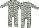 Green camo print baby convertible romper with a full-length two-way zipper and covered feet