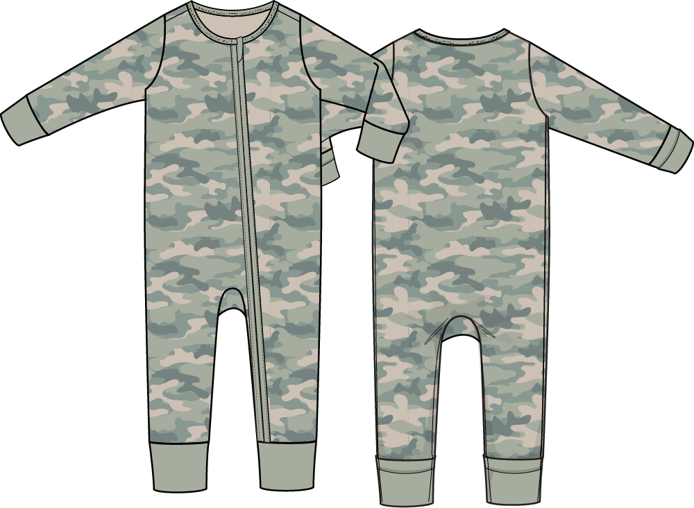 Green camo print baby convertible romper with a full-length two-way zipper and covered feet