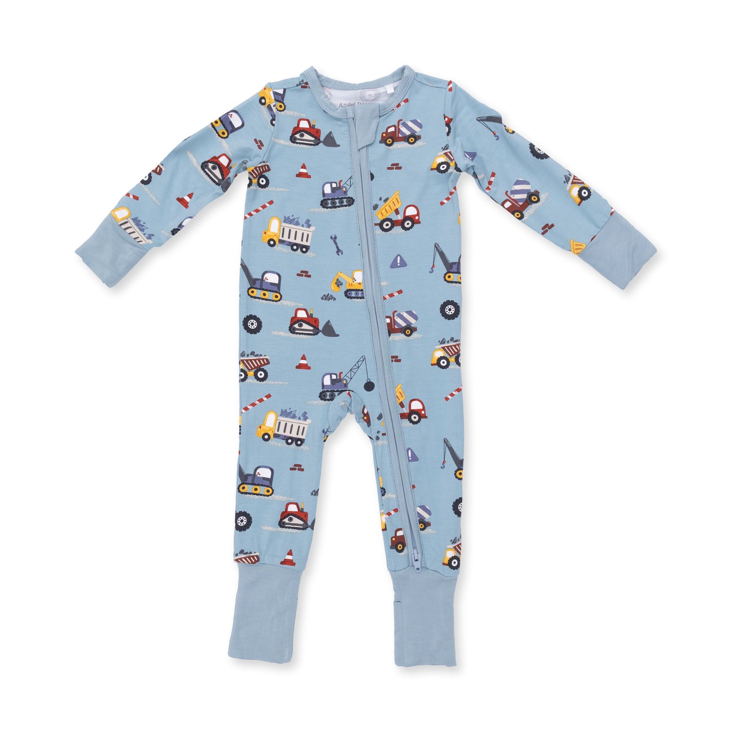 Convertible romper in a crayon-style construction print with trucks and diggers, featuring a full-length zipper and footed