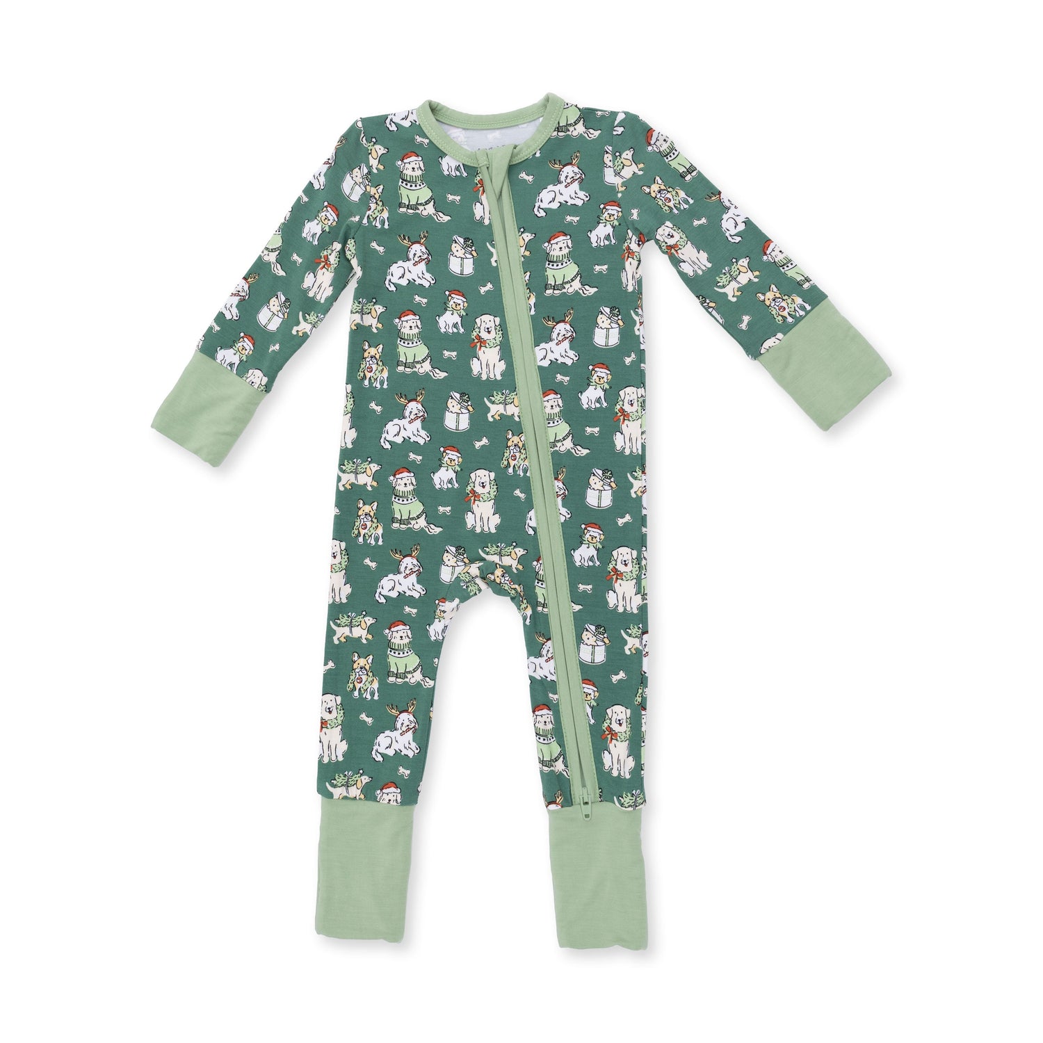 Baby convertible romper with a Christmas dogs print, two-way zipper front and covered feet