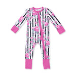 Baby romper in a cabbage rose and stripe print with fold-over cuffs and a two-way zipper