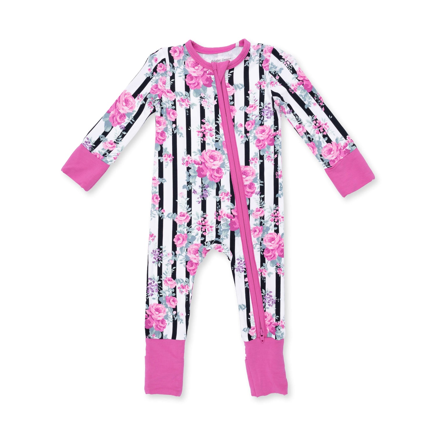 Convertible baby romper in a pink and green cabbage rose stripe print with foot cuffs and a full-length zipper