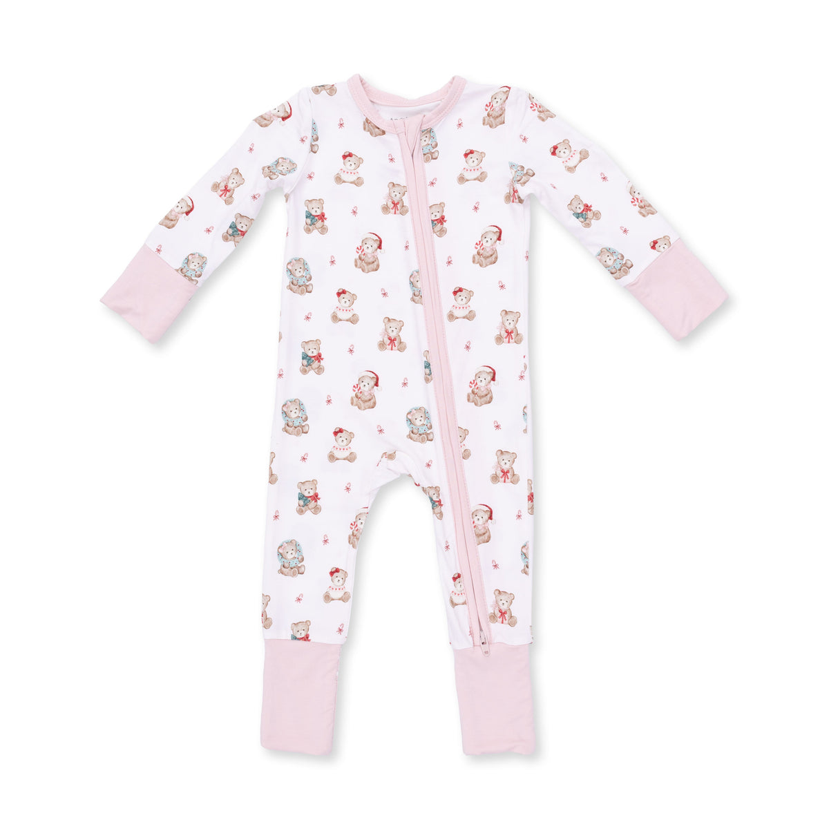 Pink convertible baby romper with Christmas teddy bear print, two-way zipper and fold-over foot cuffs