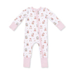 Pink convertible baby romper with Christmas teddy bear print, two-way zipper and fold-over foot cuffs