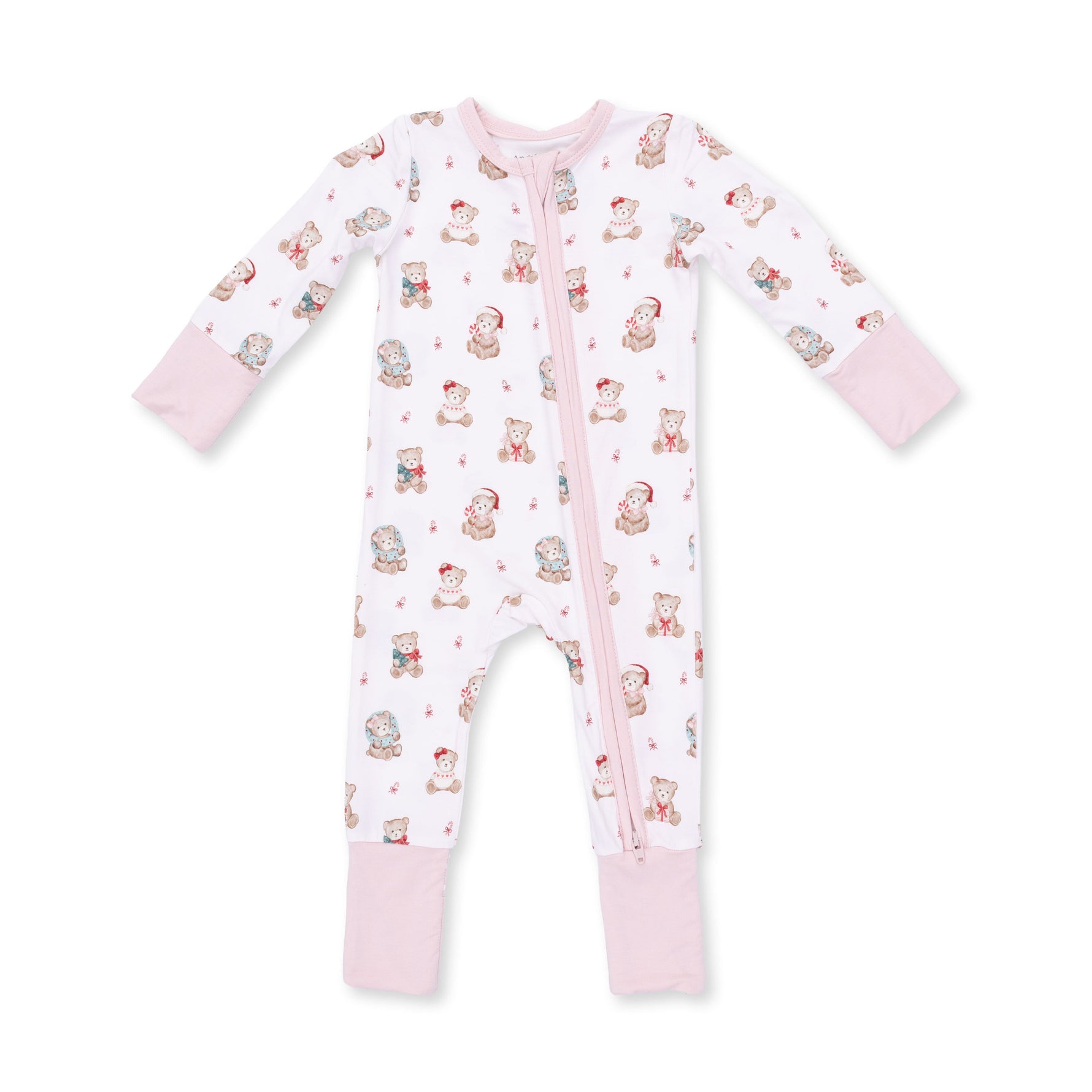 Pink convertible baby romper with Christmas teddy bear print, two-way zipper and fold-over foot cuffs