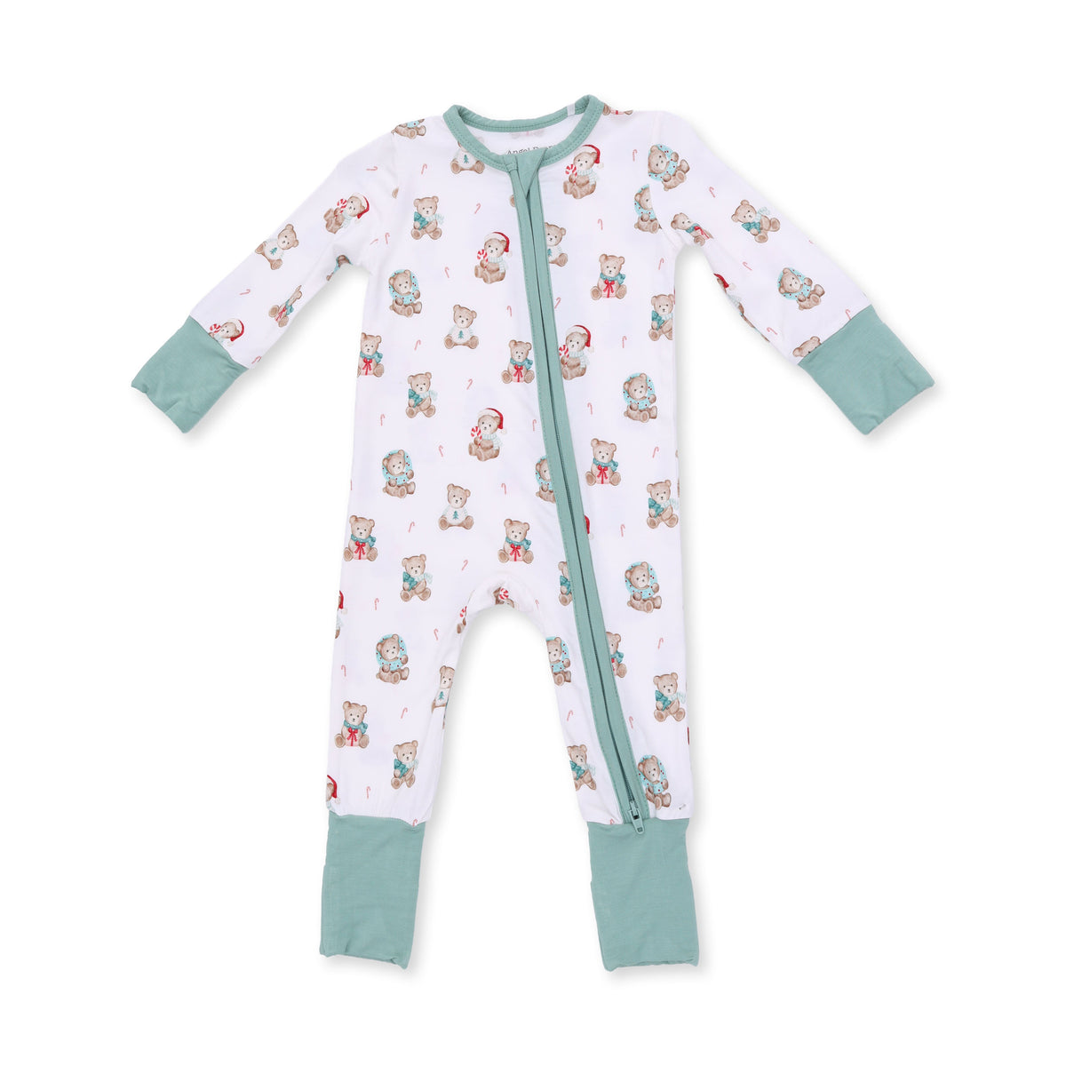 Baby convertible zip romper in a Christmas teddy bear print with fold-over cuffs and foot grippers