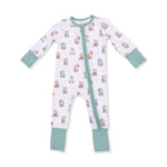 Baby convertible zip romper in a Christmas teddy bear print with fold-over cuffs and foot grippers