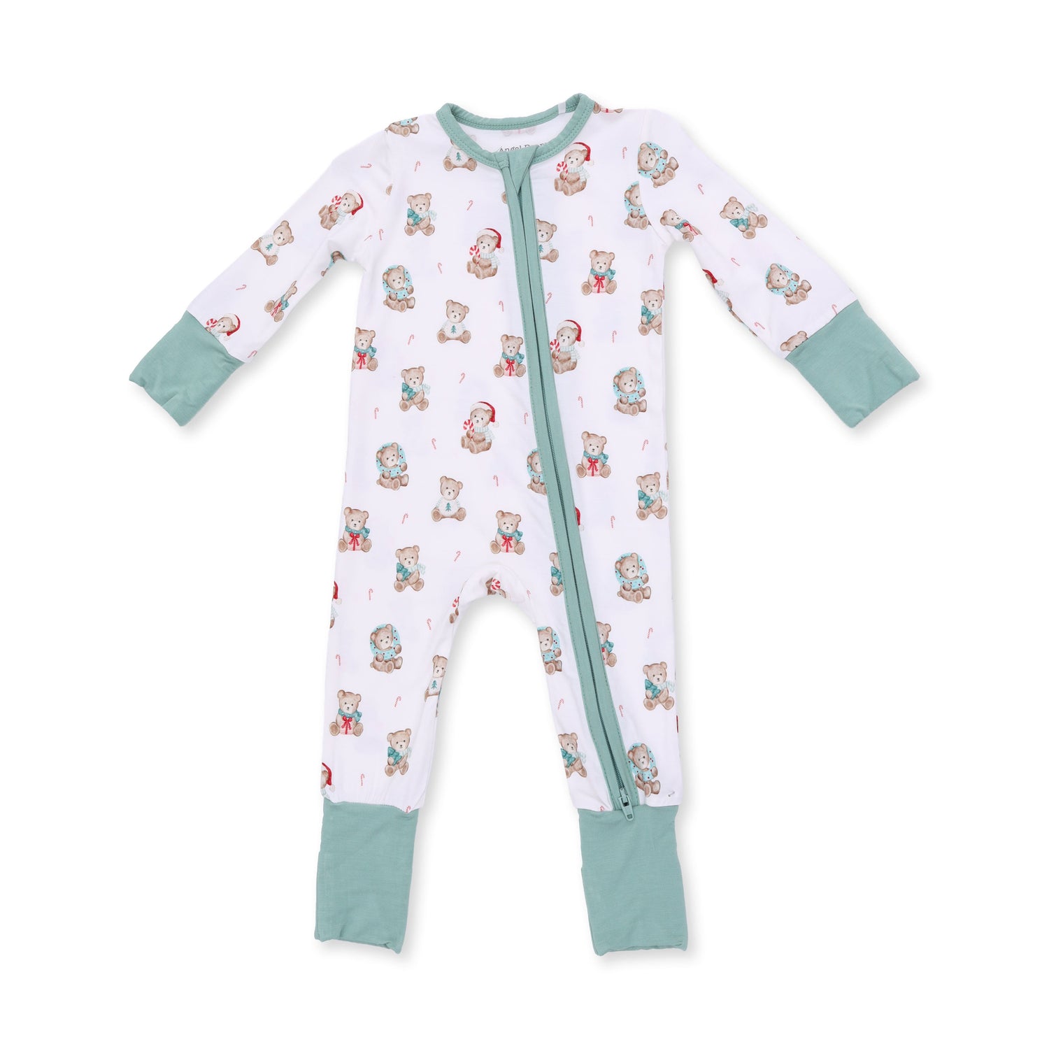 Baby convertible zip romper in a Christmas teddy bear print with fold-over cuffs and foot grippers