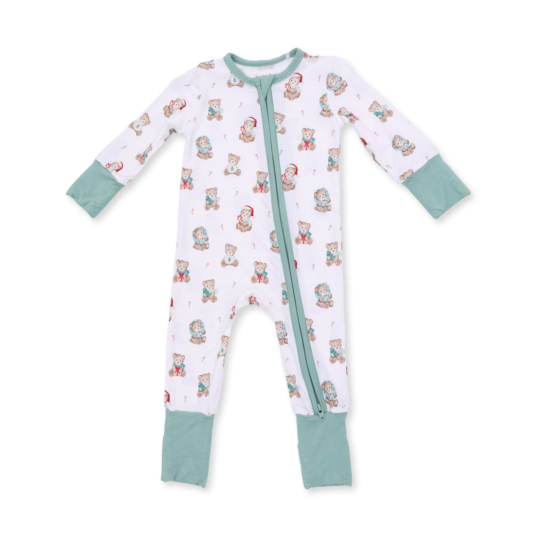 Baby convertible zip romper in a Christmas teddy bear print with fold-over cuffs and foot grippers