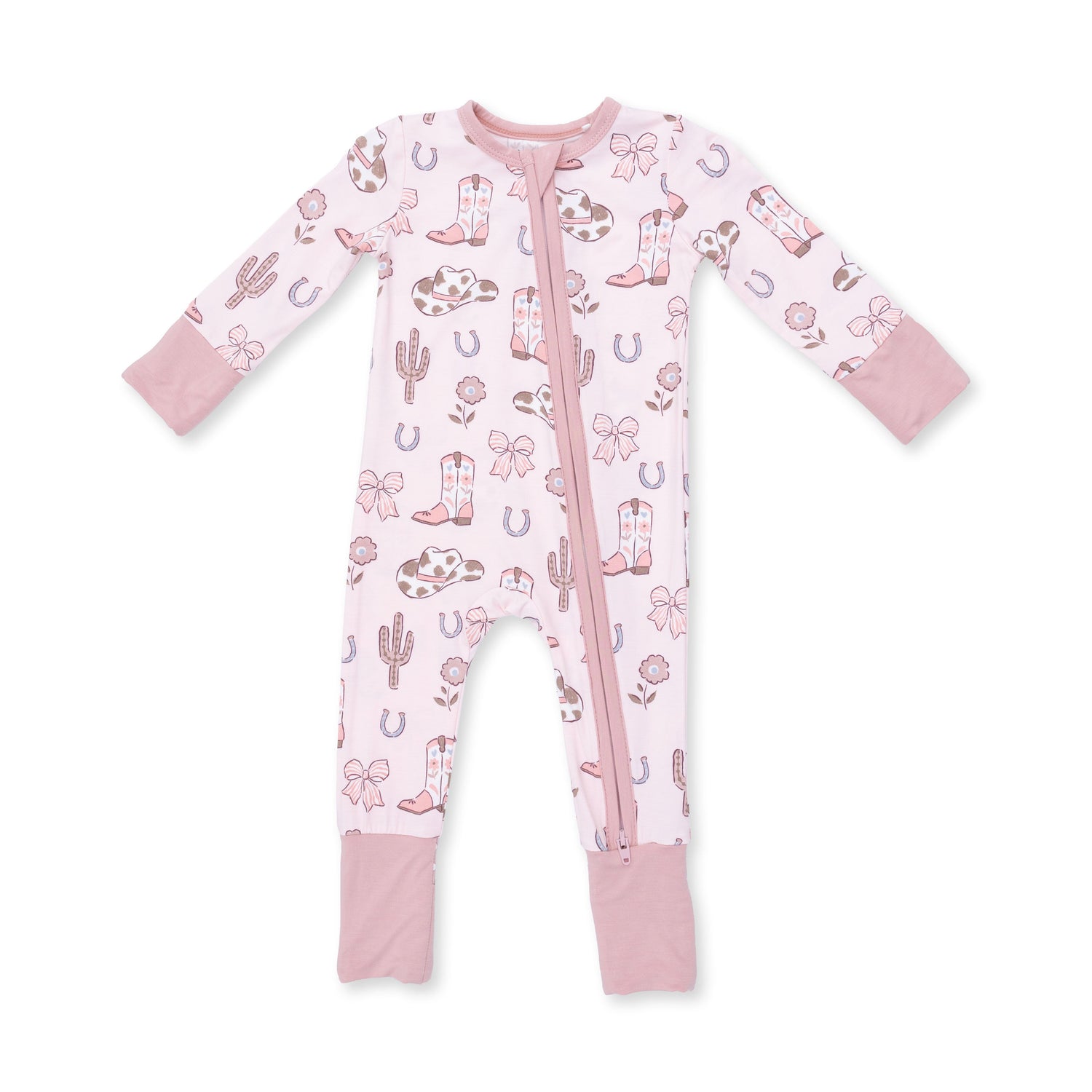 Convertible baby romper in a cowgirl boots and bows print with two-way zipper and foot cuffs