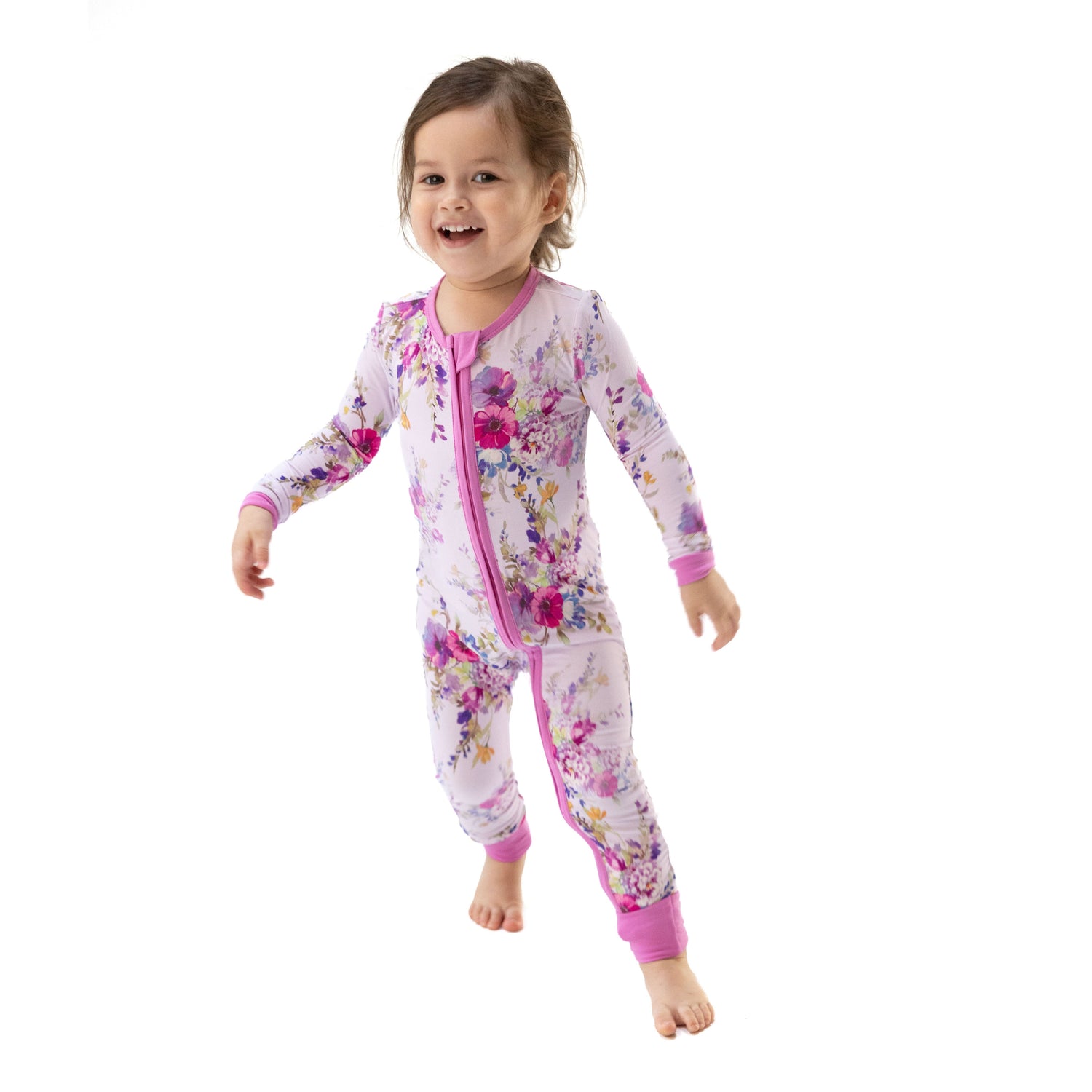 Convertible baby romper in dahlia floral print with two-way zipper