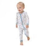 Convertible romper with a football check print, zipper closure, chin guard, and foot grippers