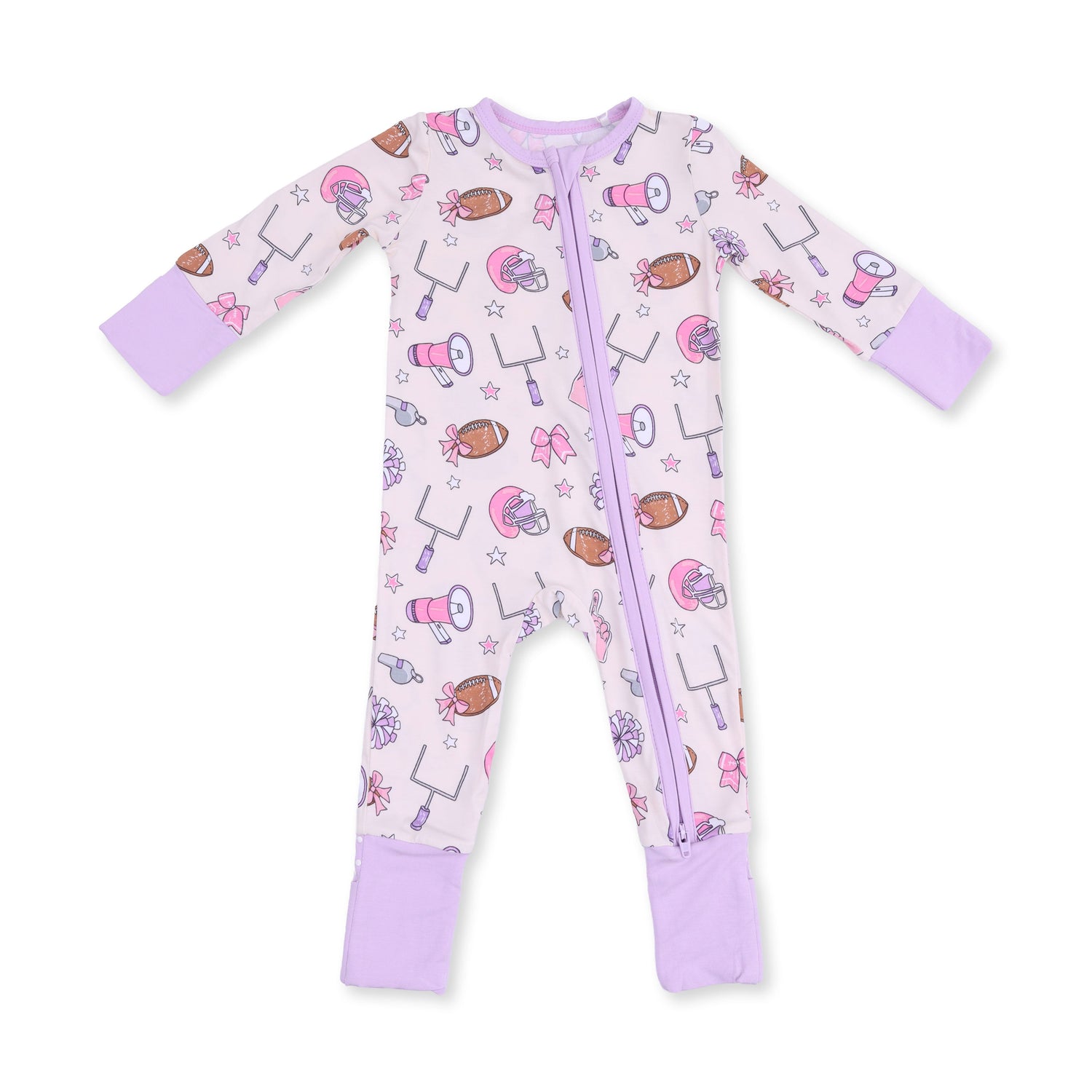 Convertible romper with a football cheer print, two-way zipper, foot grippers, and fold-over foot cuffs