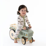 Baby convertible romper with a farm print, two-way zipper, fold-over foot cuffs and foot grippers
