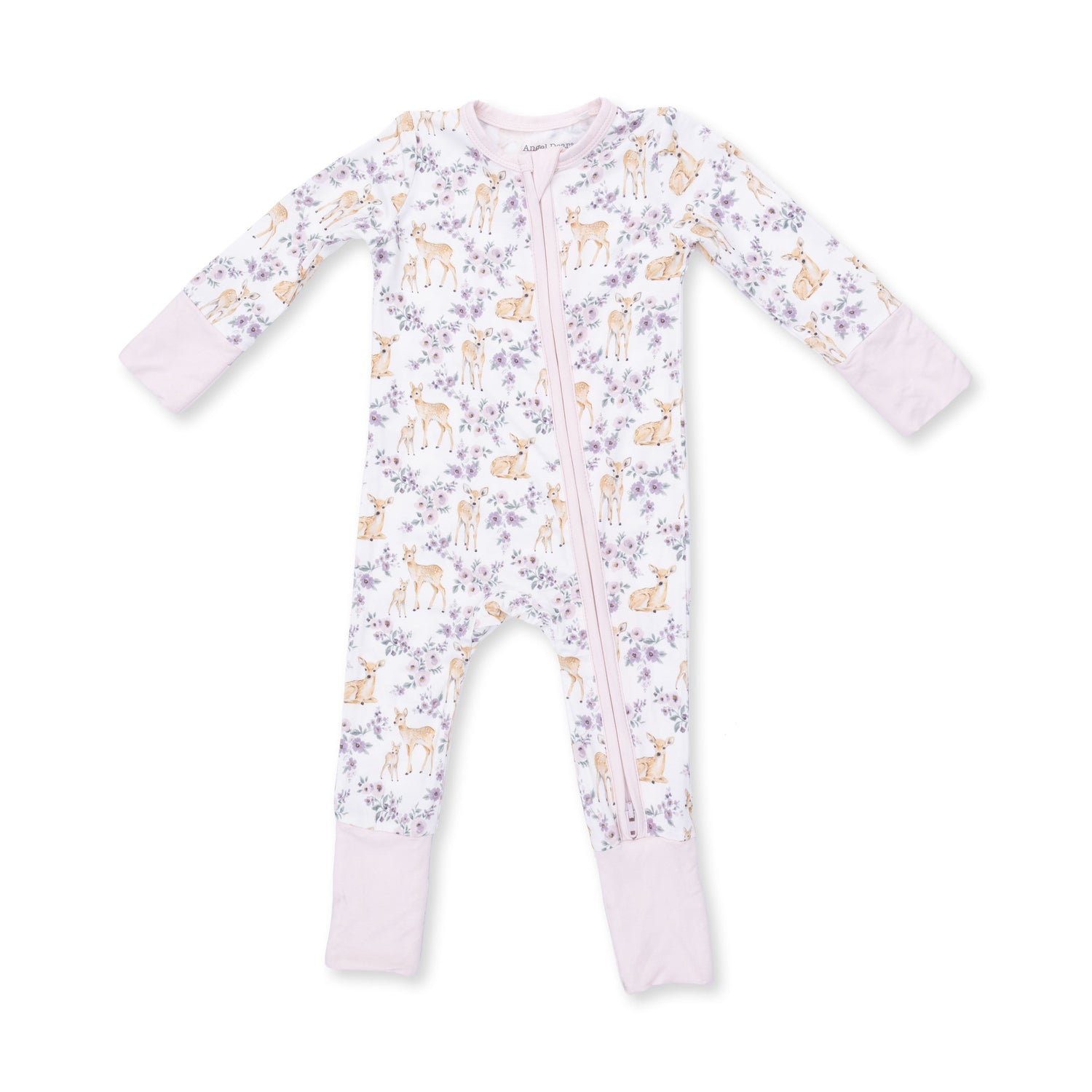 Convertible baby romper in a floral deer print with a full-length front zipper and footed legs