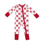 Baby convertible romper with festive bows print, two-way zipper, foot grippers and fold-over cuffs