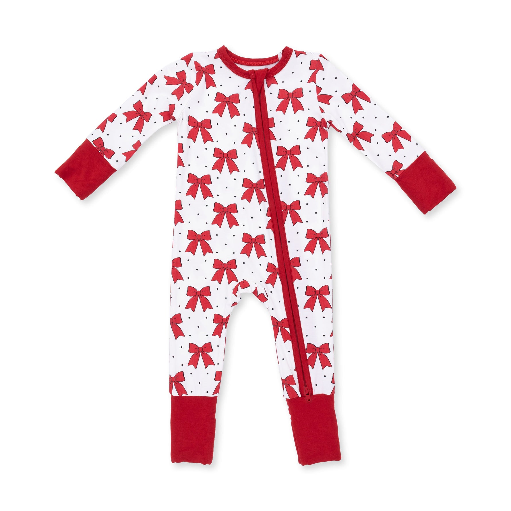 Baby convertible romper with festive bows print, two-way zipper, foot grippers and fold-over cuffs