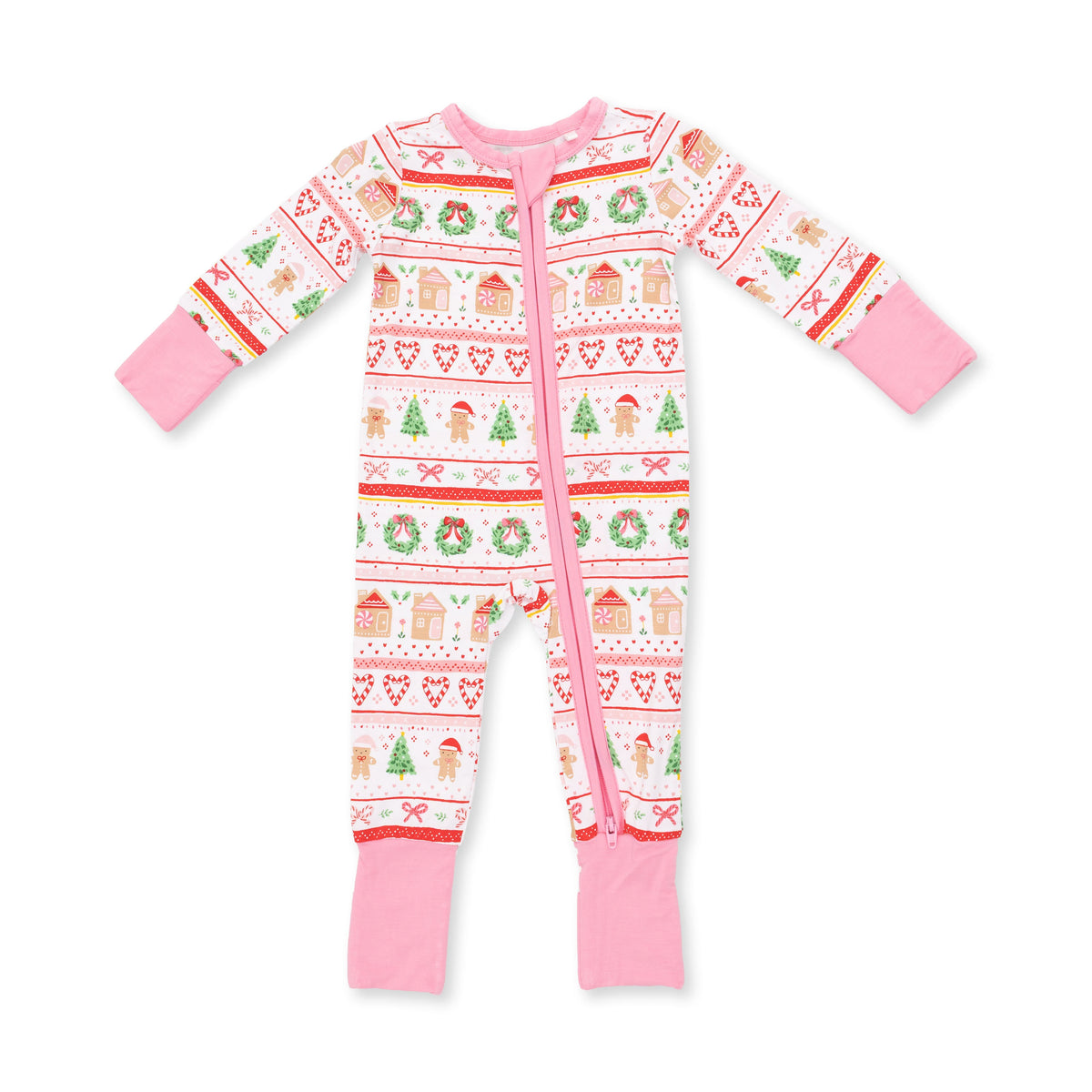 Baby convertible romper in pink with gingerbread fair isle print, two-way zipper and covered feet