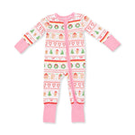 Baby convertible romper in pink with gingerbread fair isle print, two-way zipper and covered feet