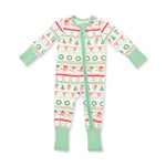 Baby convertible romper with gingerbread fair isle print, two-way zipper and footed legs