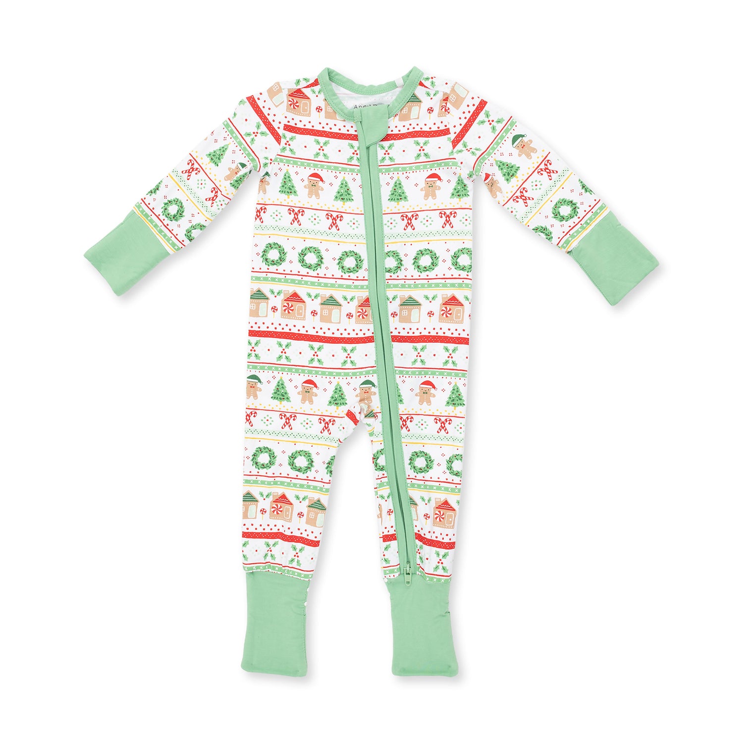 Baby convertible romper with gingerbread fair isle print, two-way zipper and footed legs
