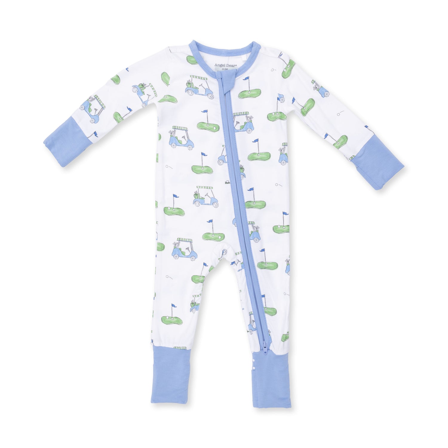 Convertible romper in blue with an all-over golf cart print, two-way zipper, and fold-over foot cuffs.