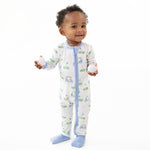 Convertible romper with blue golf cart print, zipper front, and fold-over foot cuffs