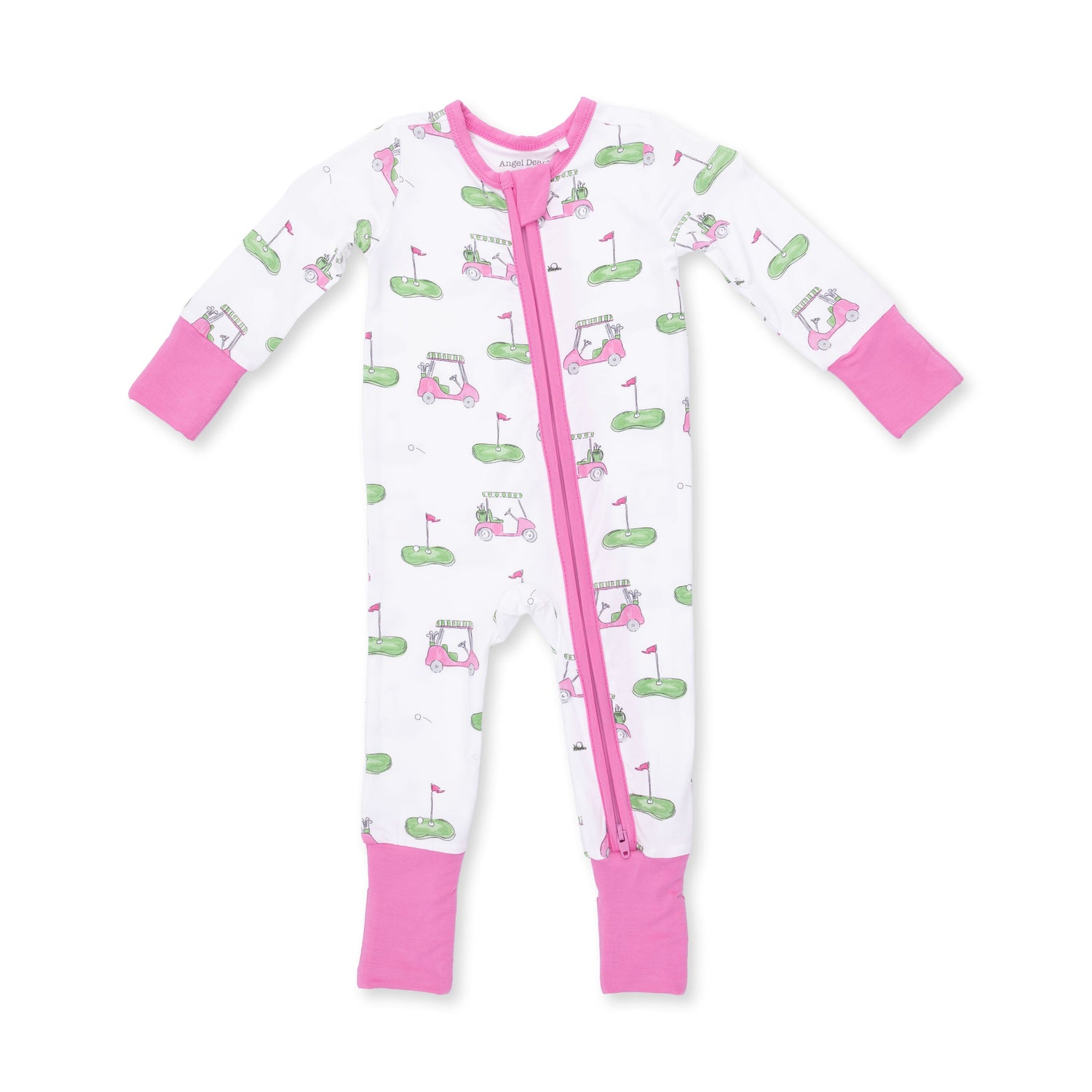 Convertible romper in pink with a golf cart print, two-way zipper, and gripper feet.