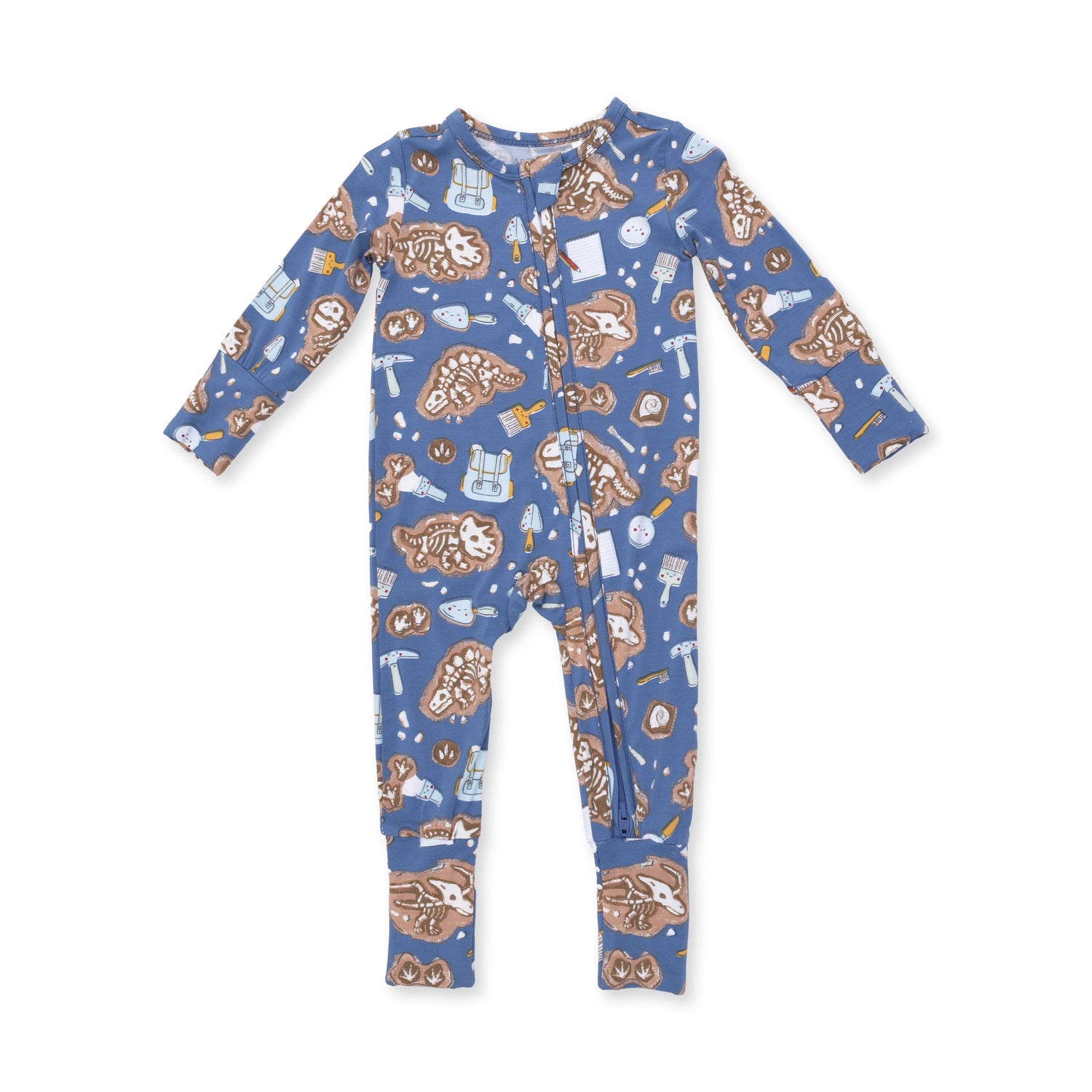 Convertible romper in a glow-in-the-dark dinosaur dig print with two-way zipper and footed grippers.