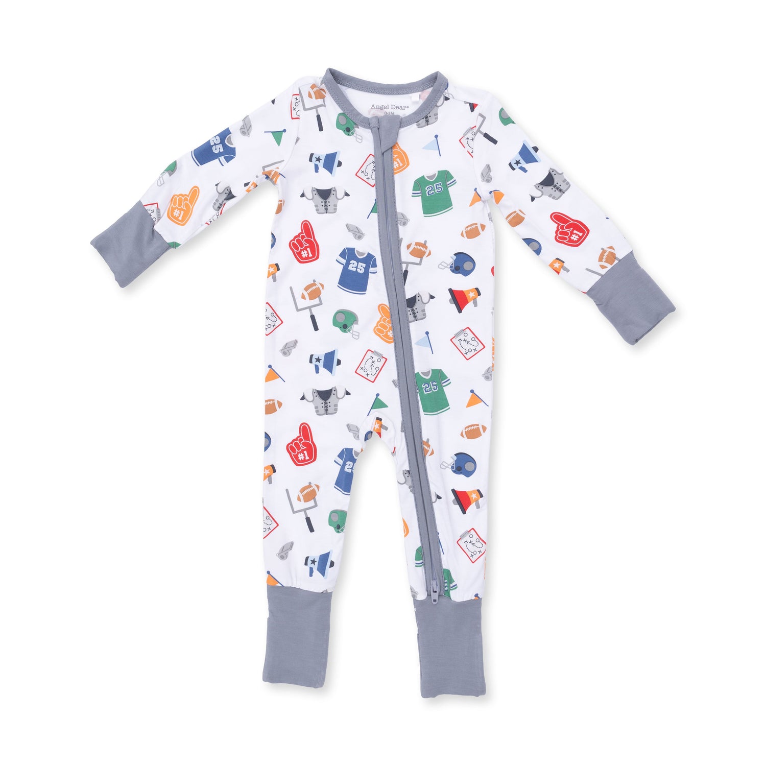 Convertible romper in a sporty Game Day print with two-way zipper, foot grippers, and fold-over cuffs.