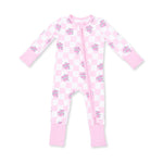 Baby convertible zip romper in pink check print with heart tattoo artwork and covered feet