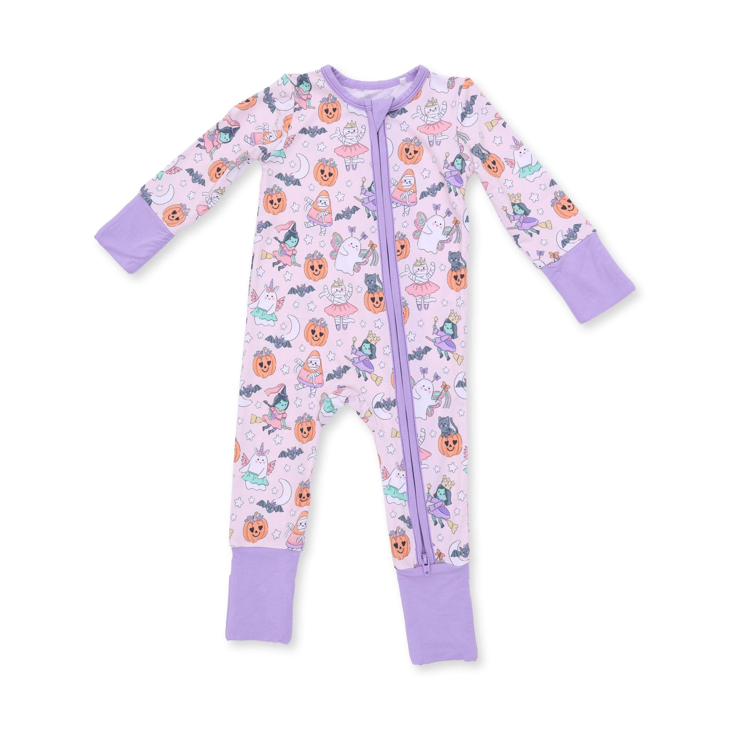Convertible romper in pink with a Halloween monster print, two-way zipper, and foot grippers