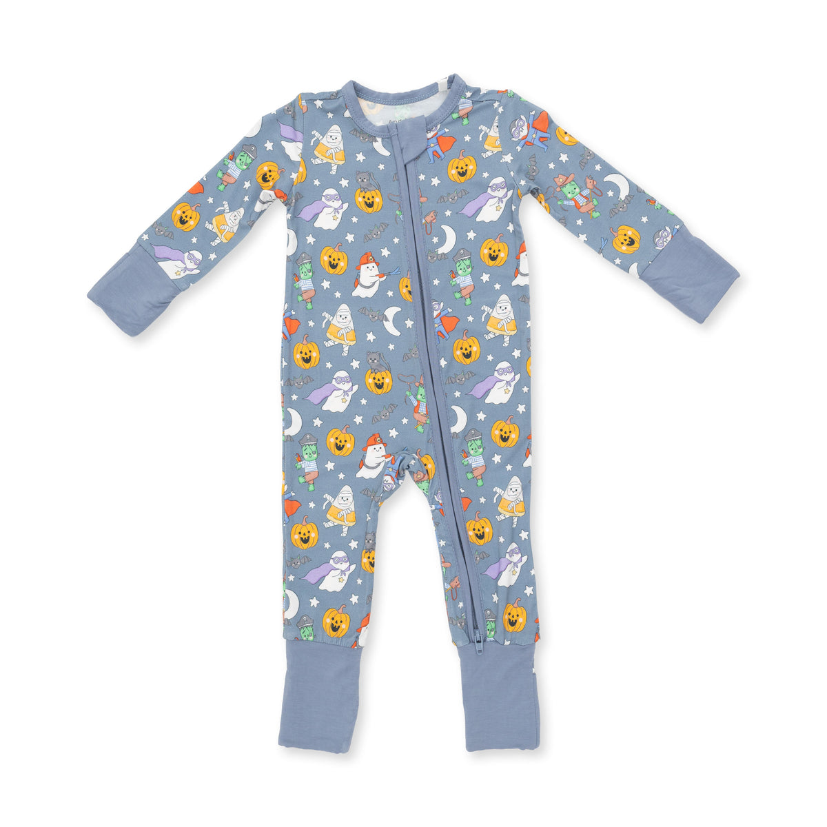 Baby convertible romper in blue with a Halloween monster dress-up print, two-way zipper and footed cuffs