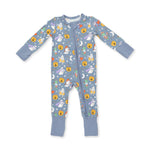 Baby convertible romper in blue with a Halloween monster dress-up print, two-way zipper and footed cuffs