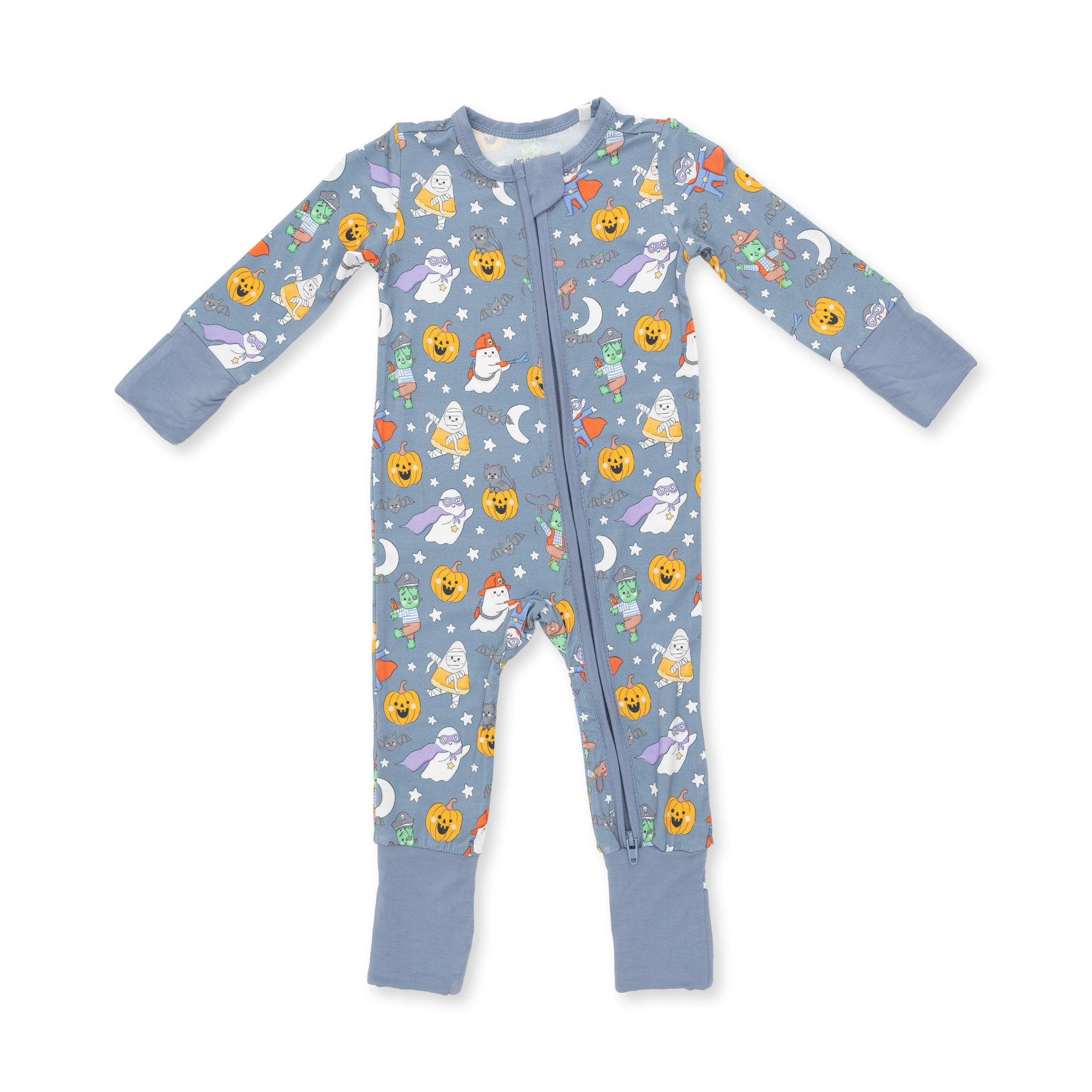 Baby convertible romper in blue with a Halloween monster dress-up print, two-way zipper and footed cuffs