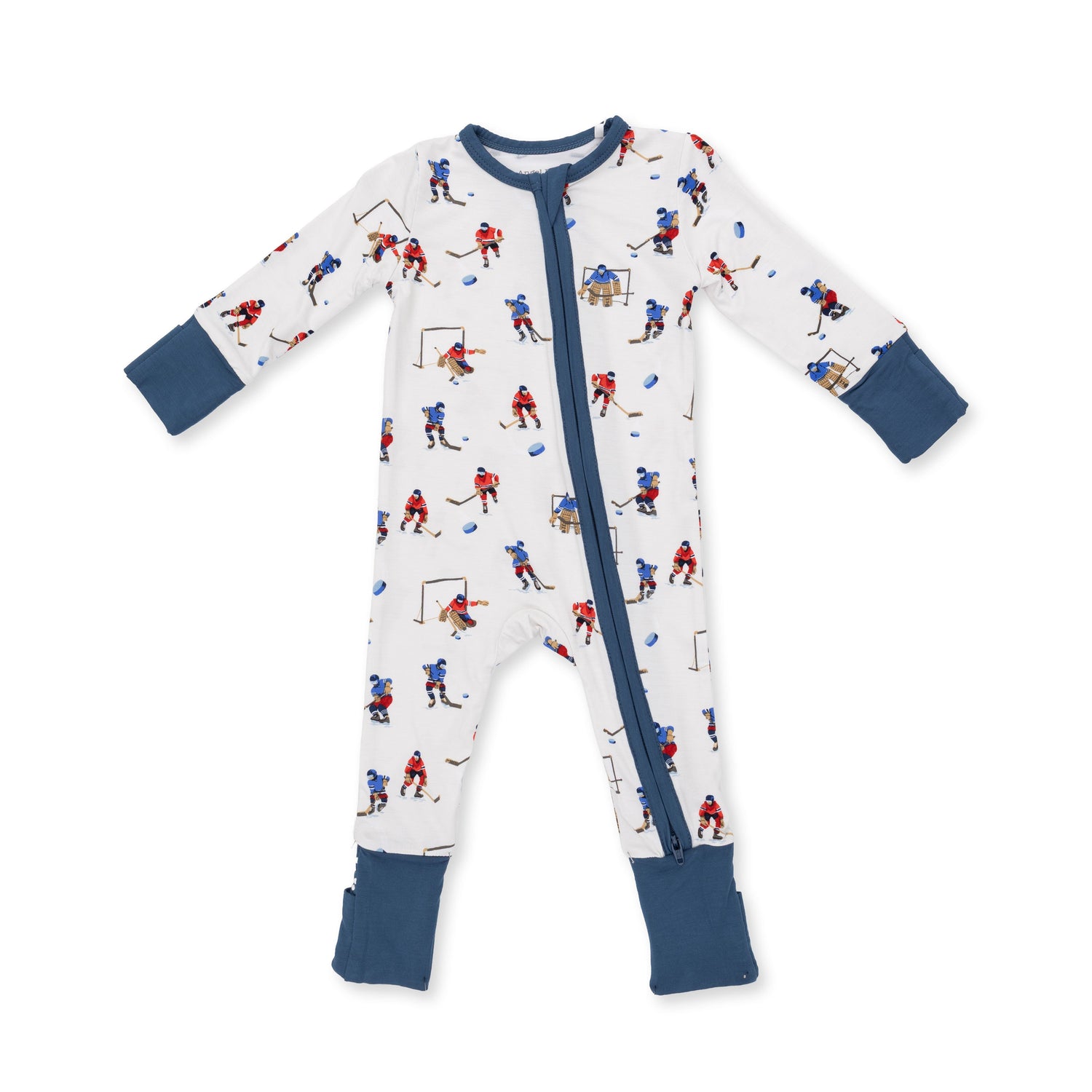 Convertible baby romper with an all-over print of little hockey players and a front zipper.