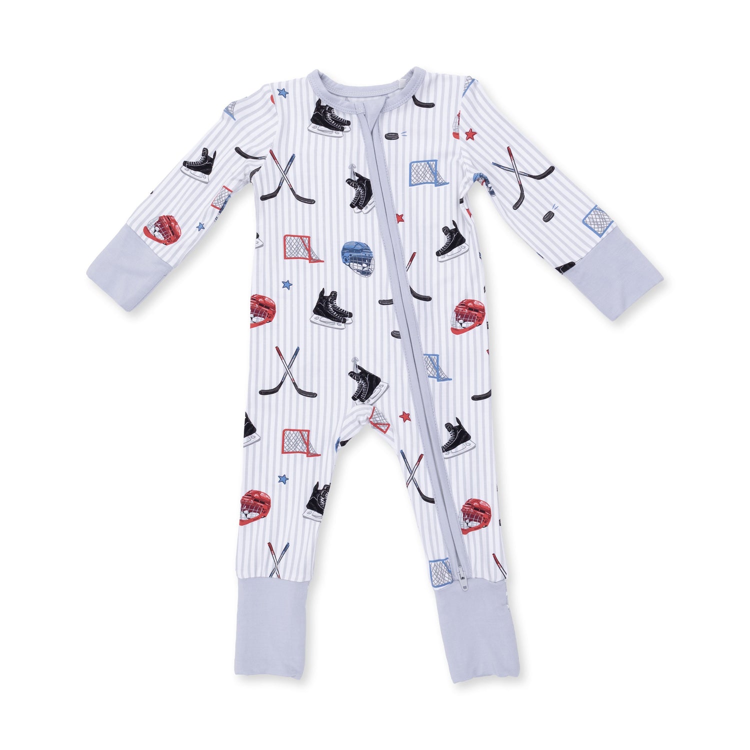 Convertible romper with a bold hockey stripe pattern, two-way zipper, and gripped feet.