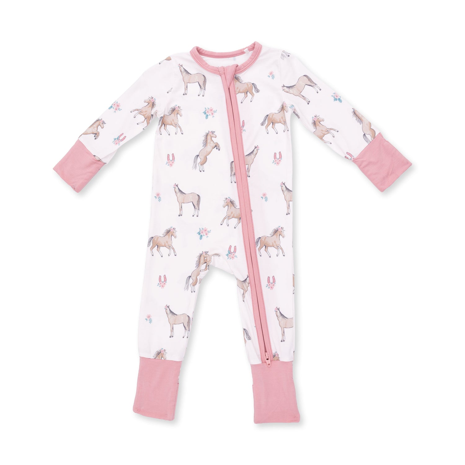 Convertible baby romper in an all-over horse print with fold-over foot cuffs and a full-length zipper.