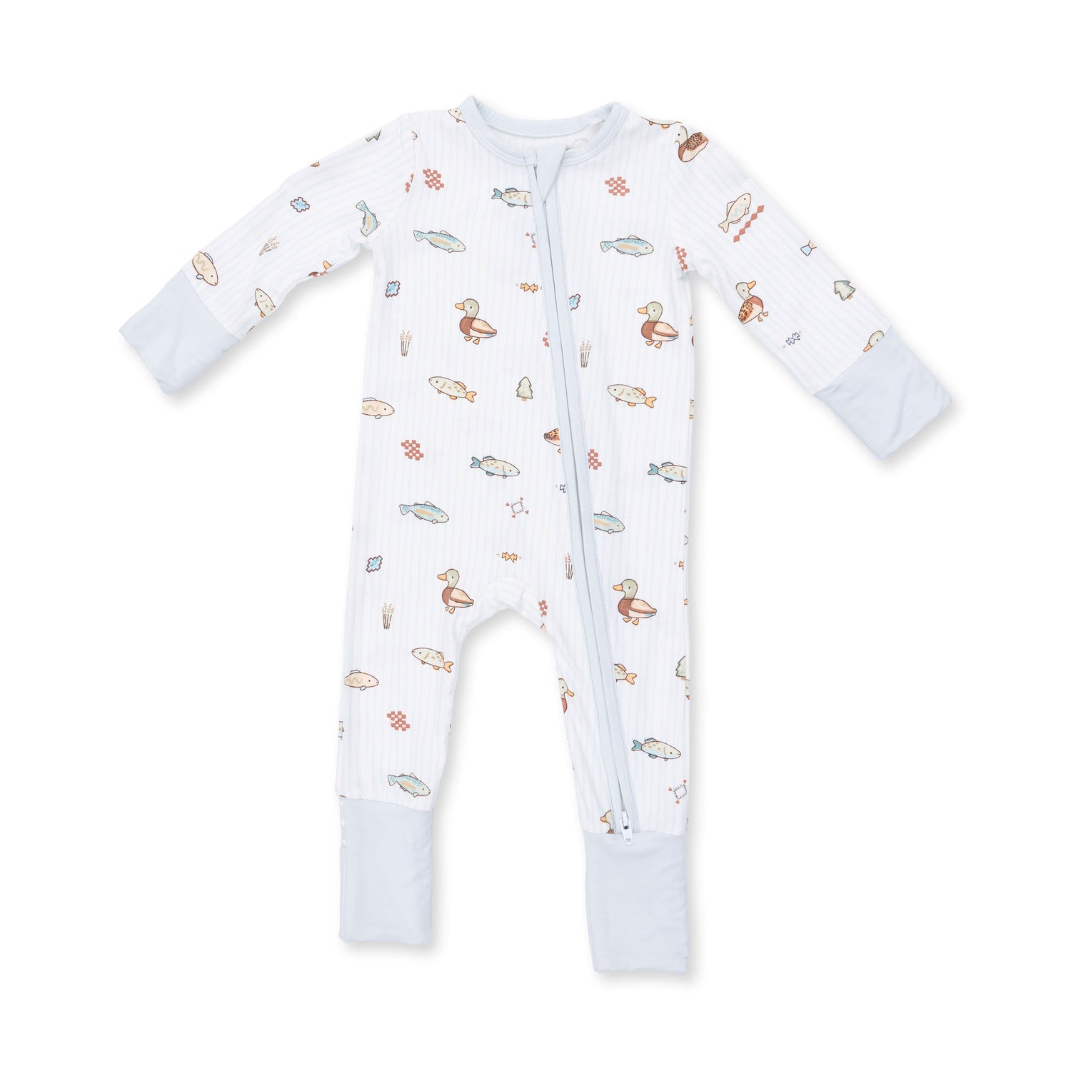 Convertible romper in a lake-themed print with fold-over foot cuffs and a full-length two-way zipper