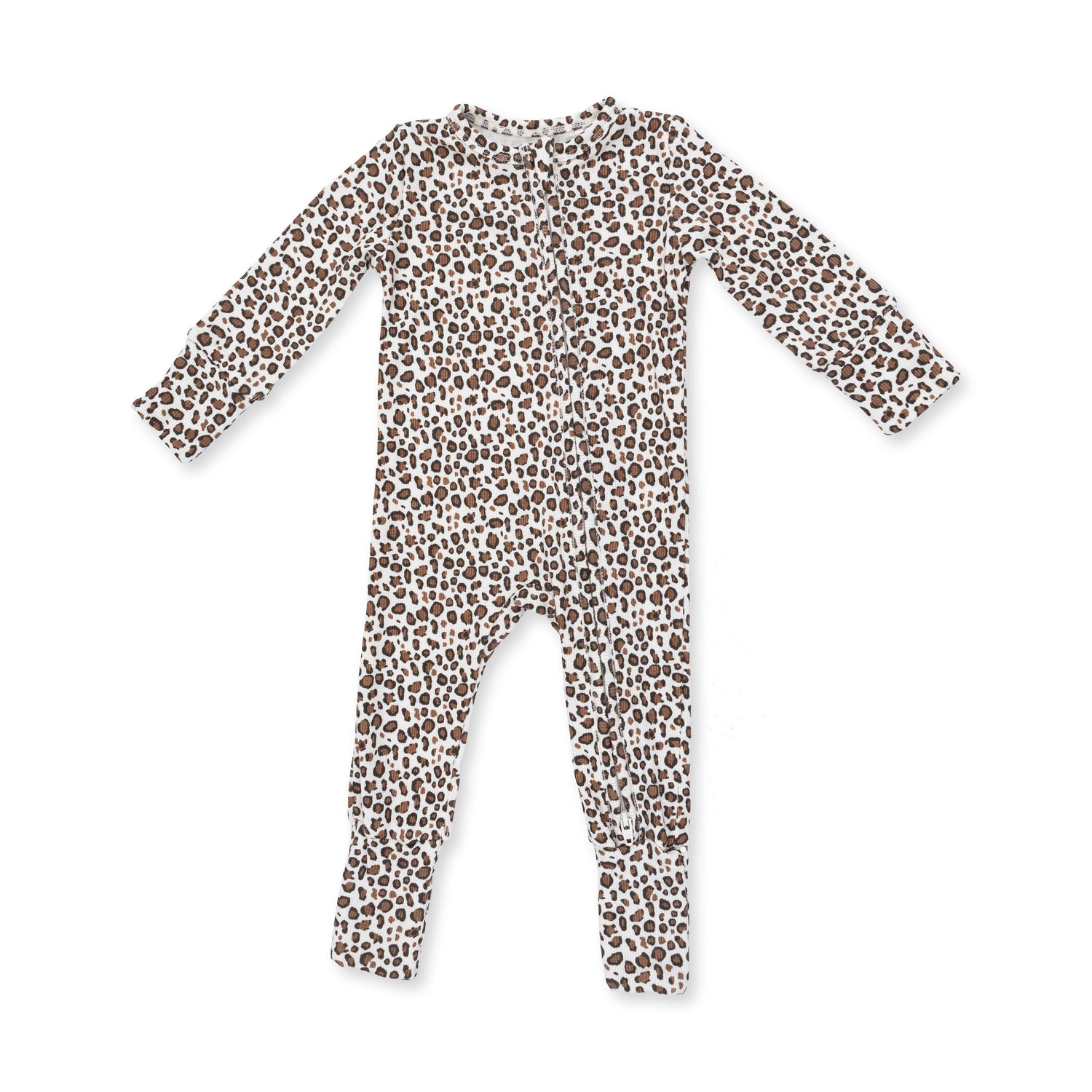 Convertible romper in ribbed modal with a leopard print, featuring a two-way zipper and foot cuffs.